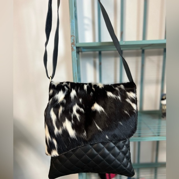 New Genuine Cowhide & Quilted Leather Crossbody Flap Bag Western Festival Black - Picture 11 of 16
